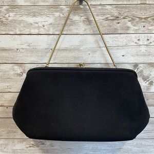 Vintage HL Harry Levine Black Fabric Evening Purse Clutch Gold Chain Kisslock